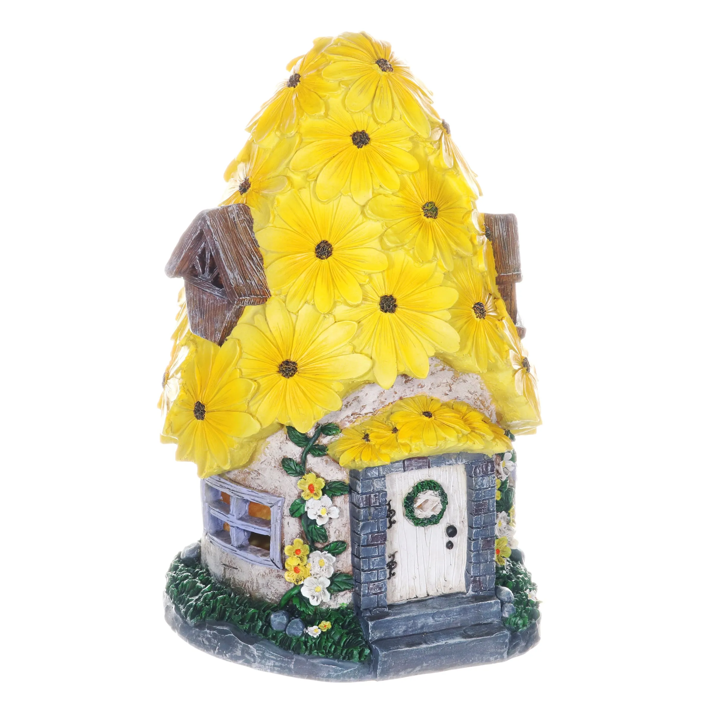 Solar Sunflower Roof Fairy Garden House, 9 by 15 Inches