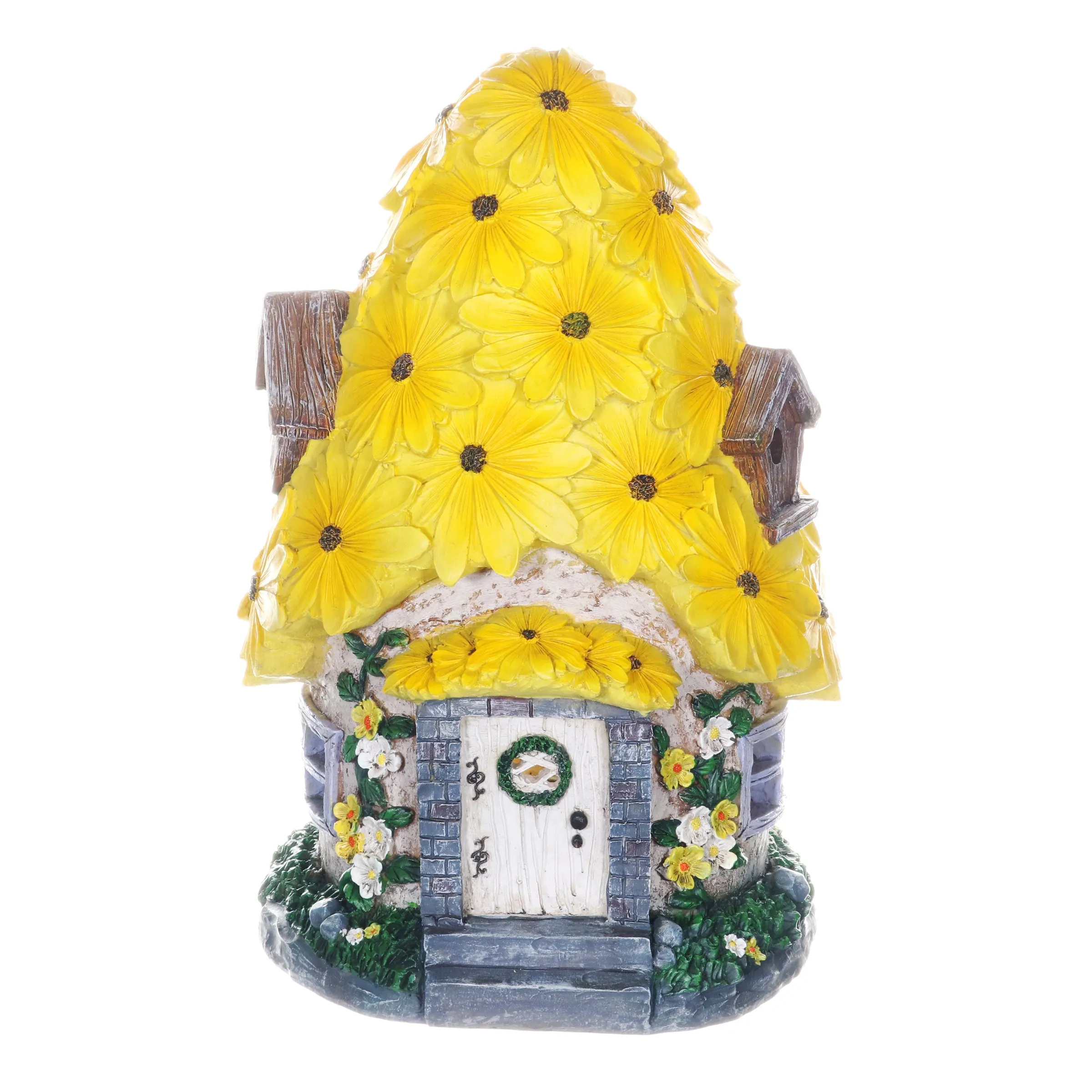 Solar Sunflower Roof Fairy Garden House, 9 by 15 Inches