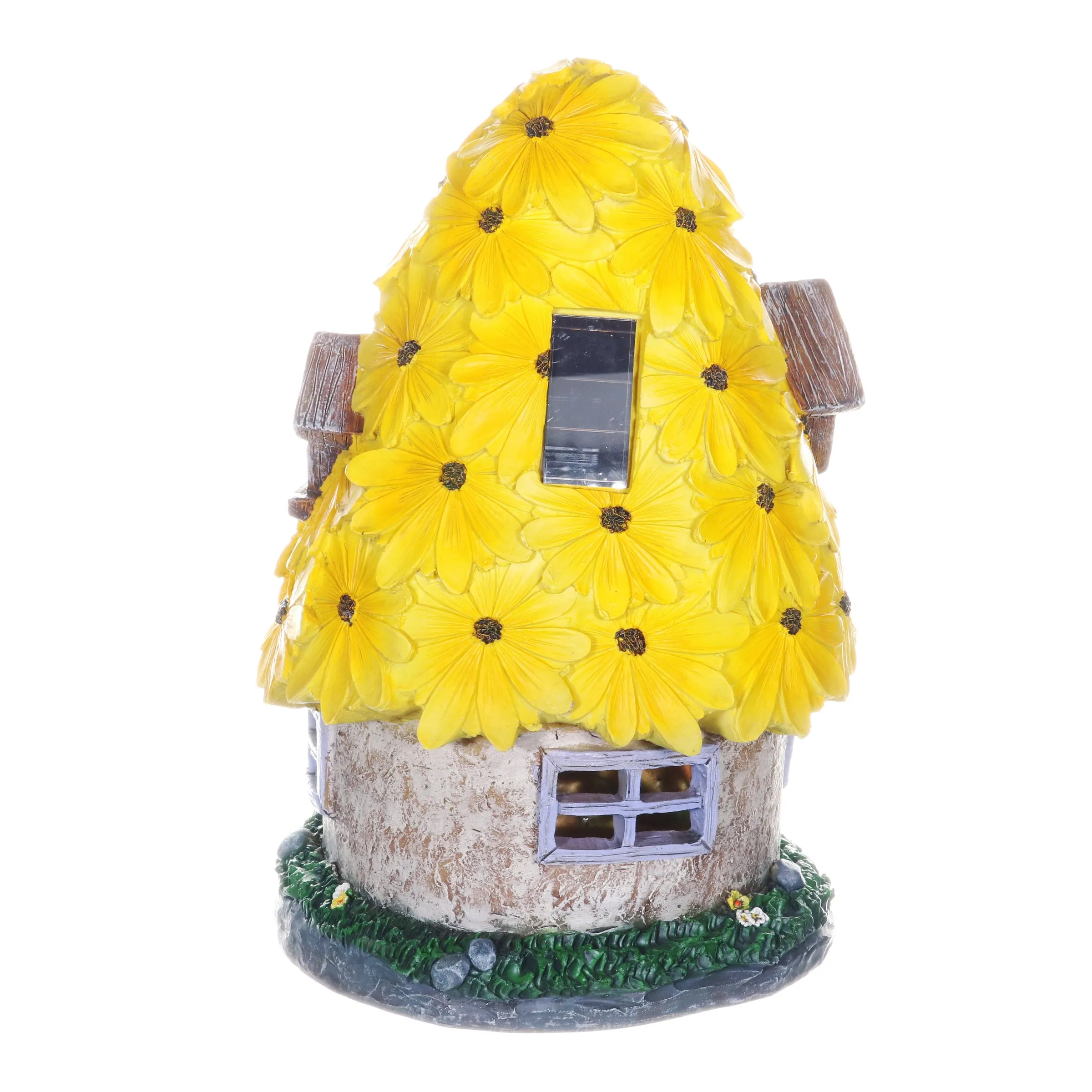 Solar Sunflower Roof Fairy Garden House, 9 by 15 Inches