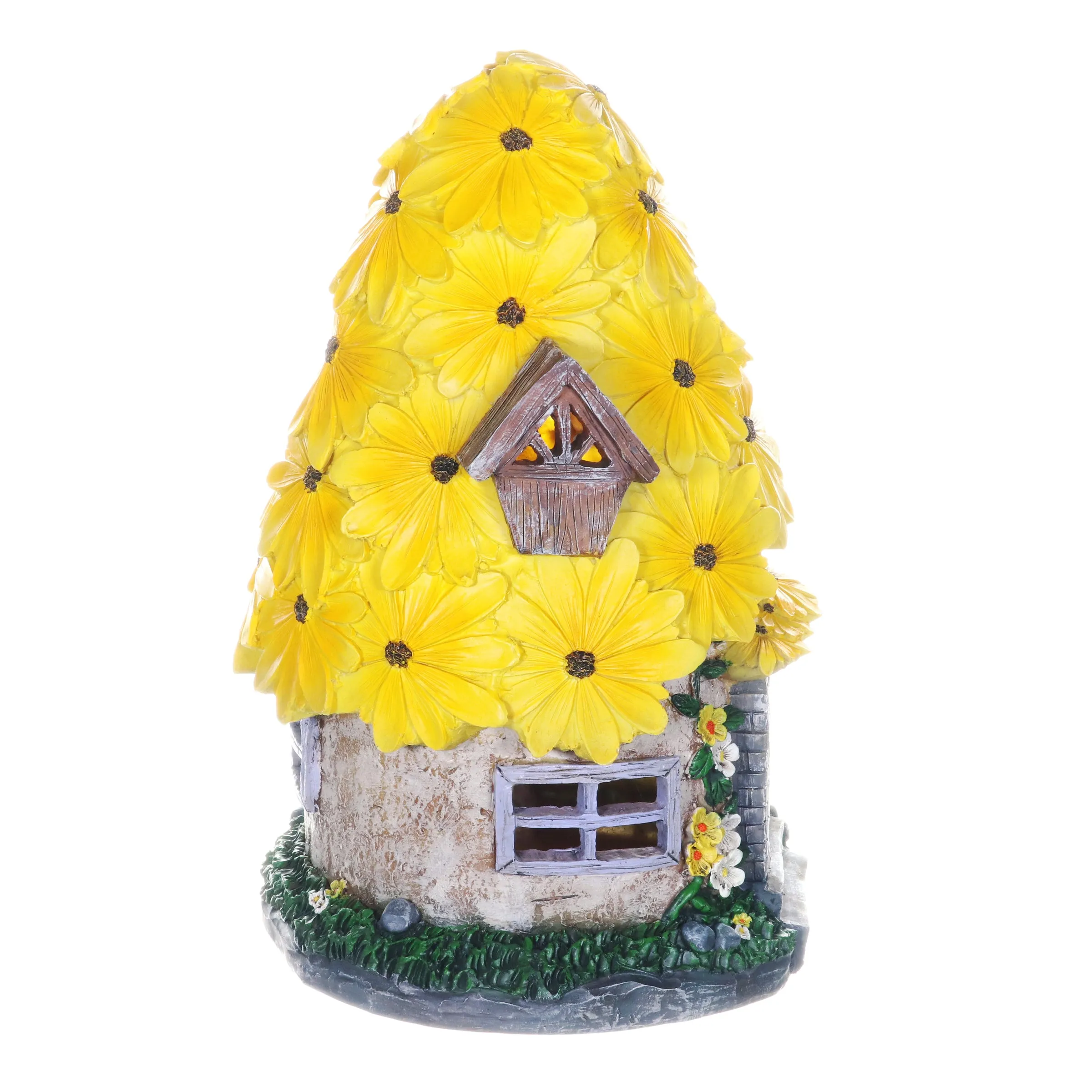 Solar Sunflower Roof Fairy Garden House, 9 by 15 Inches