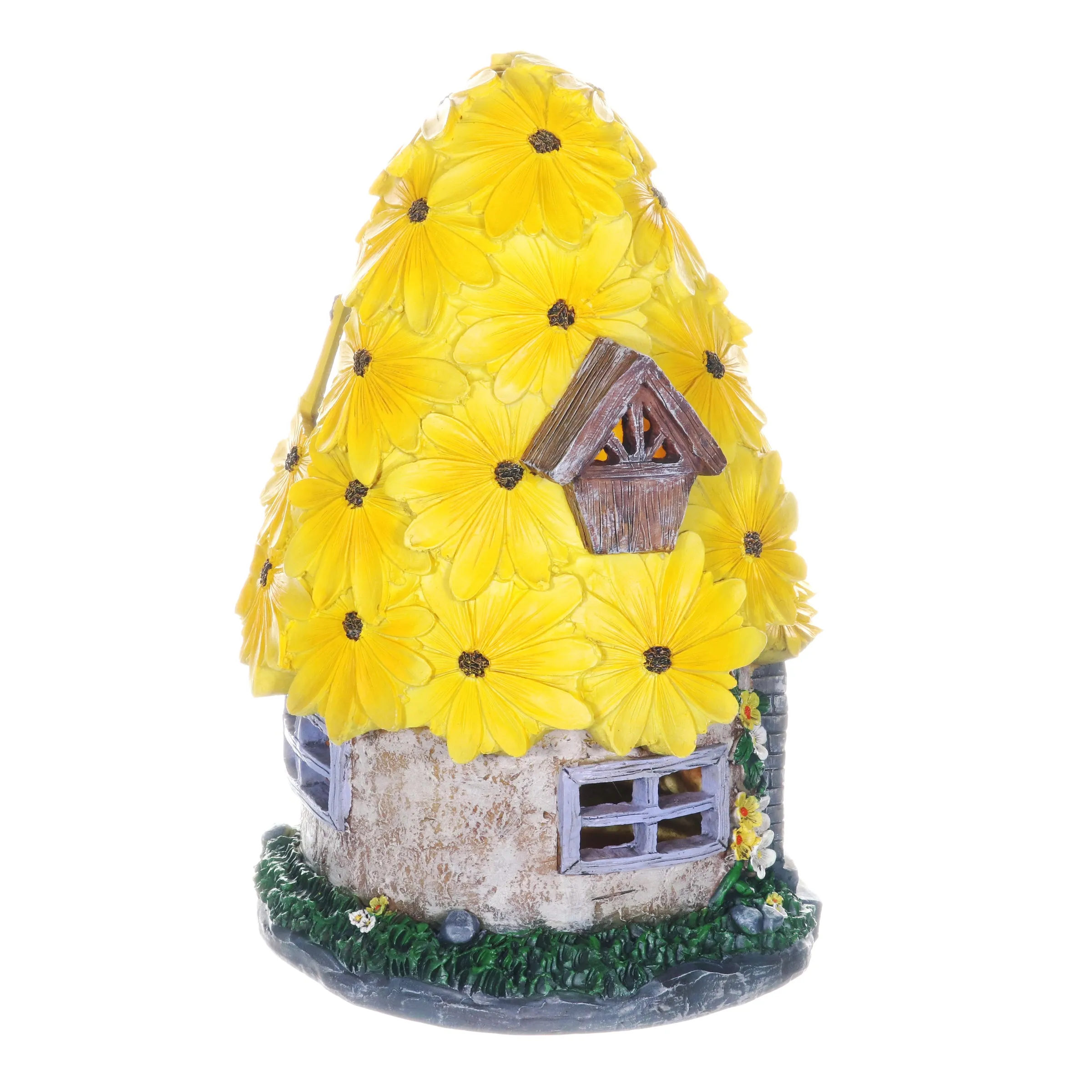 Solar Sunflower Roof Fairy Garden House, 9 by 15 Inches