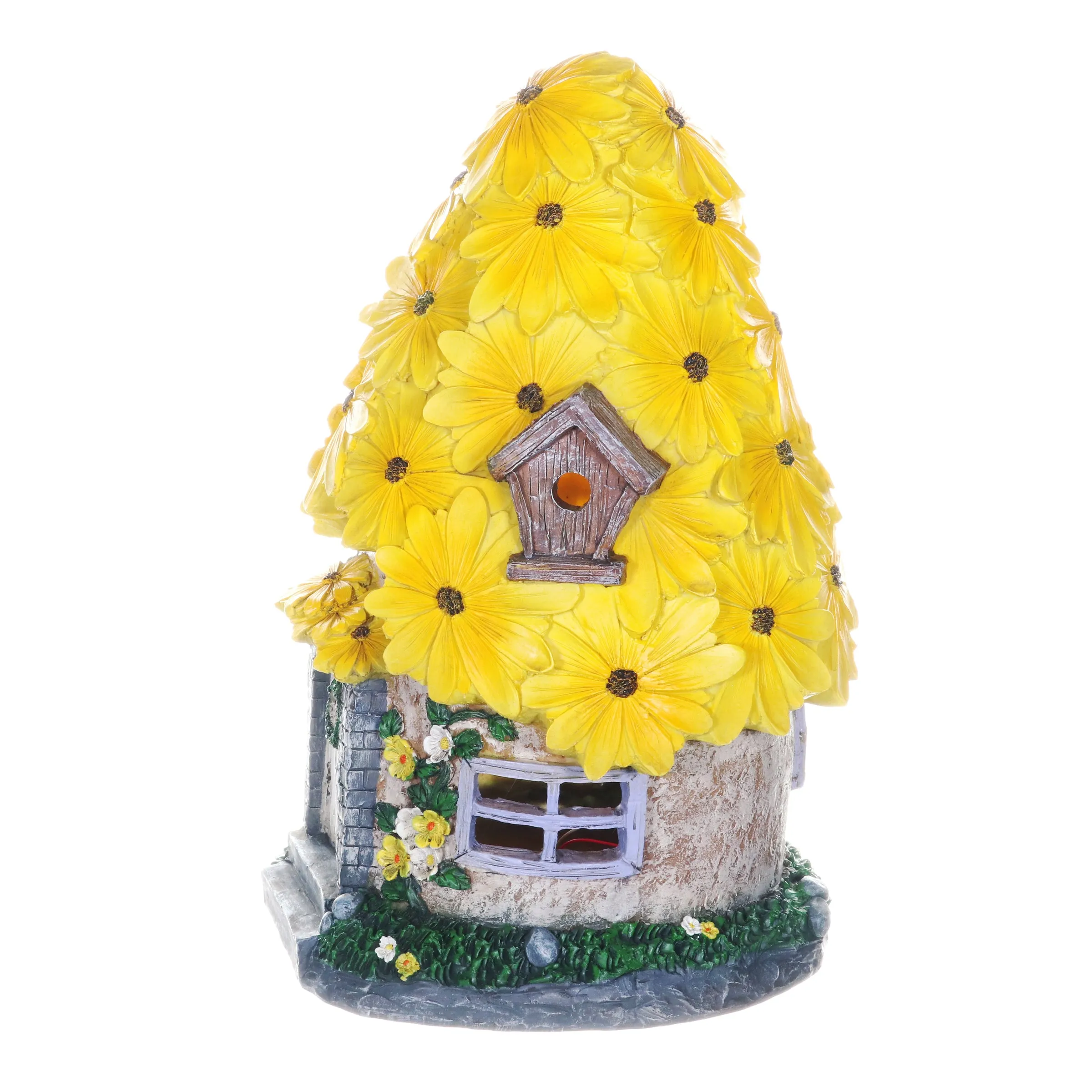 Solar Sunflower Roof Fairy Garden House, 9 by 15 Inches