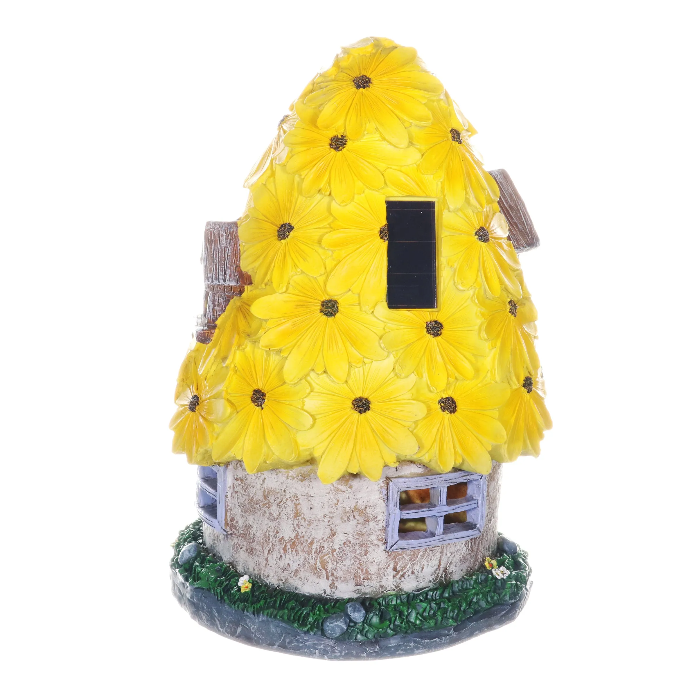 Solar Sunflower Roof Fairy Garden House, 9 by 15 Inches