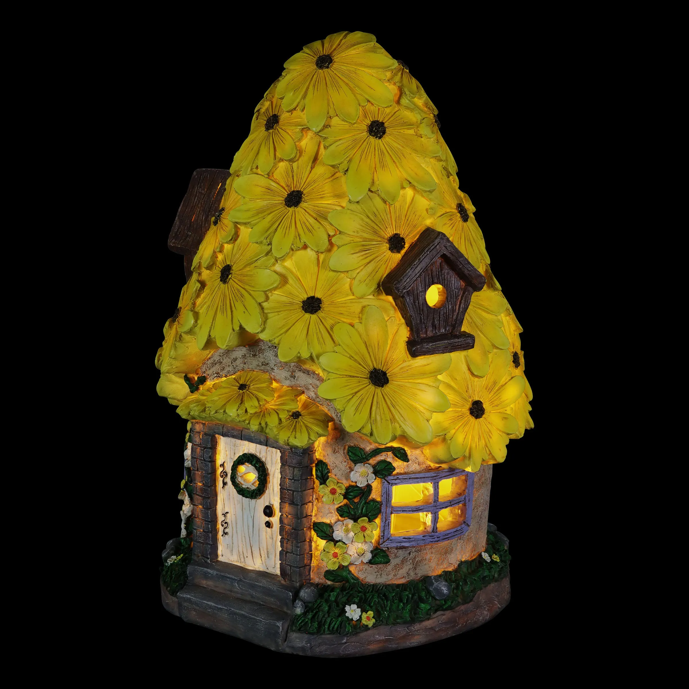 Solar Sunflower Roof Fairy Garden House, 9 by 15 Inches