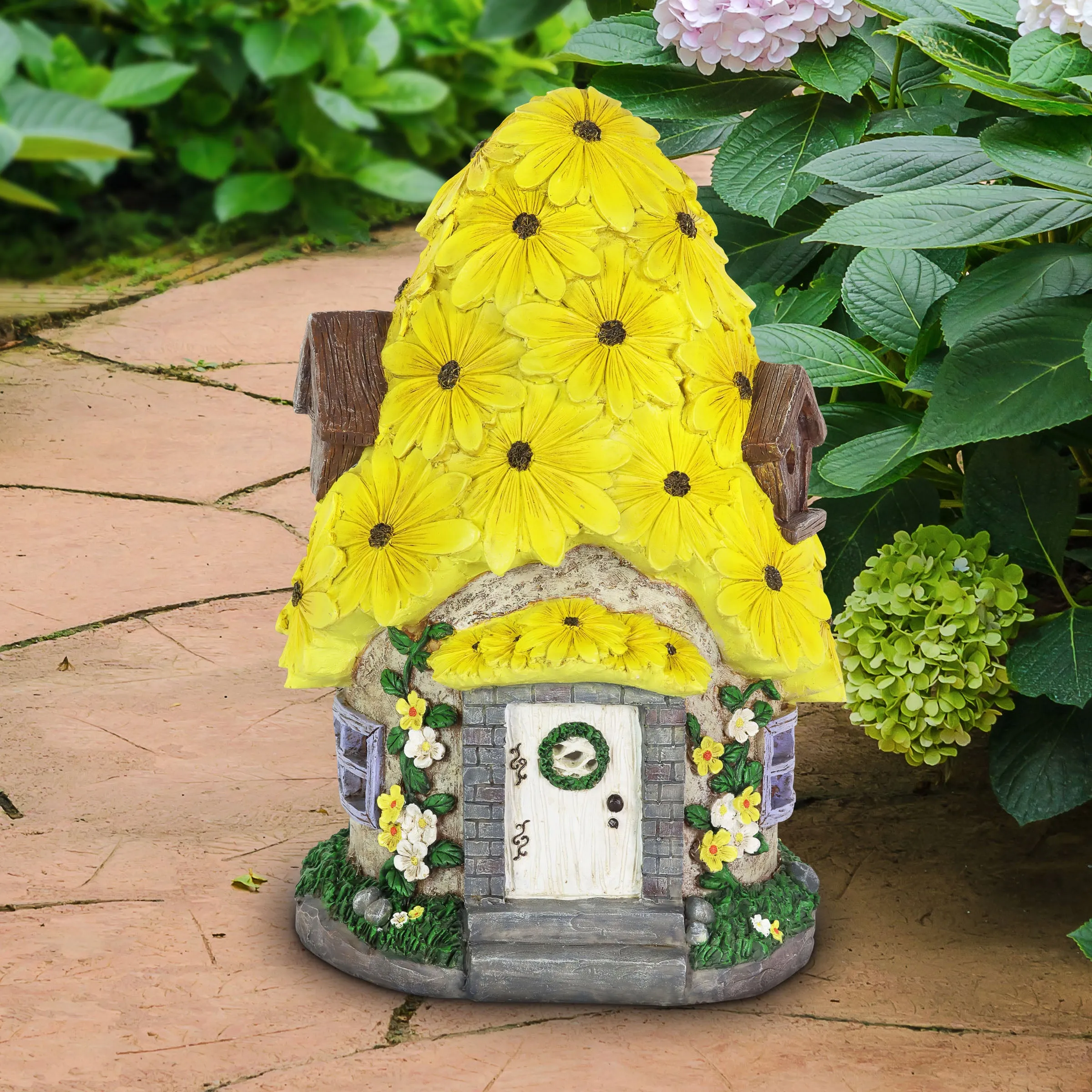 Solar Sunflower Roof Fairy Garden House, 9 by 15 Inches