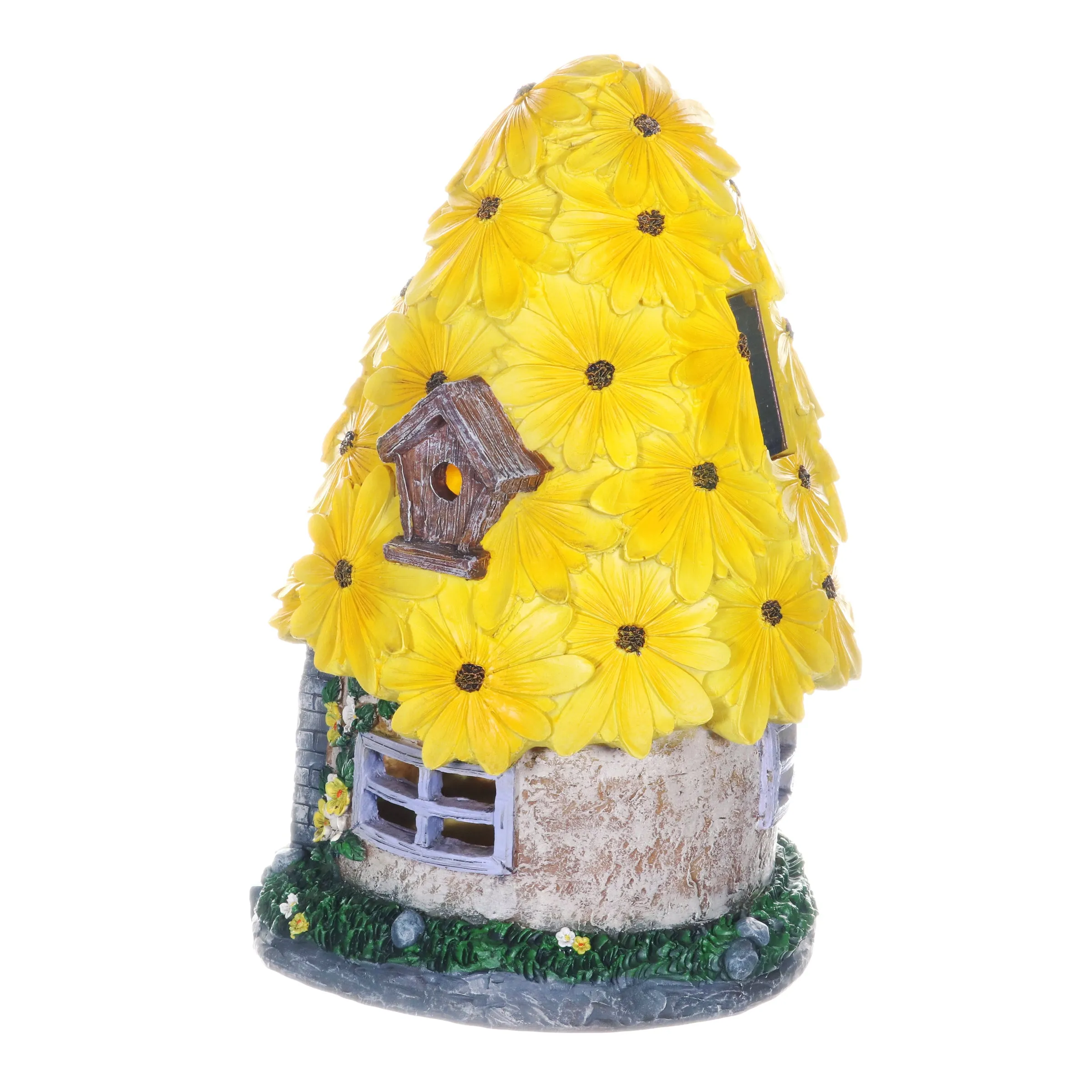 Solar Sunflower Roof Fairy Garden House, 9 by 15 Inches