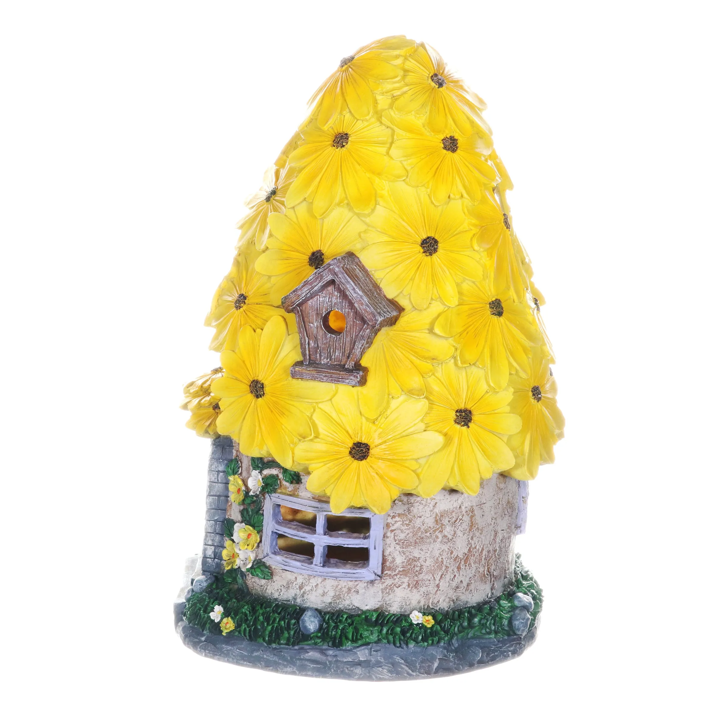 Solar Sunflower Roof Fairy Garden House, 9 by 15 Inches