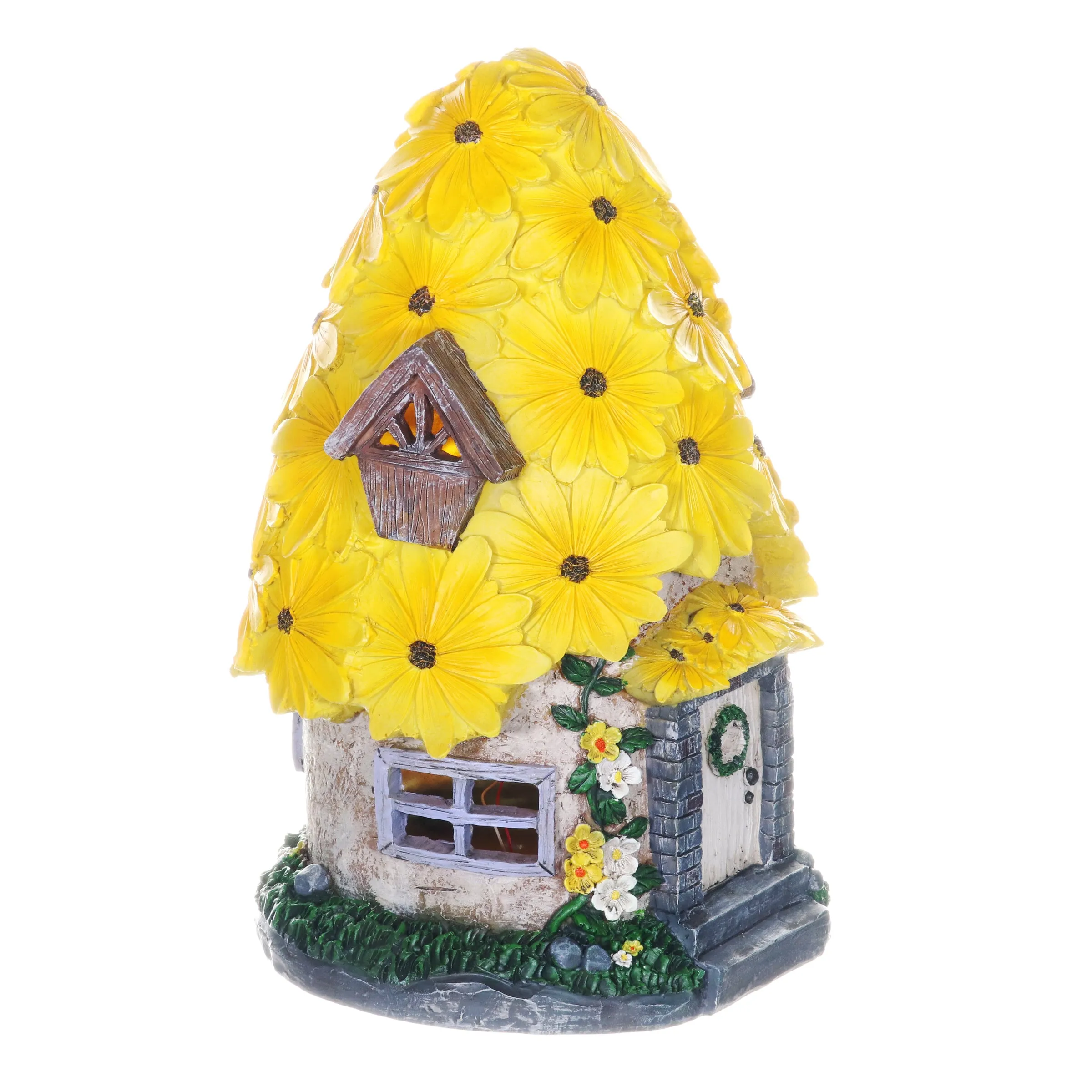 Solar Sunflower Roof Fairy Garden House, 9 by 15 Inches