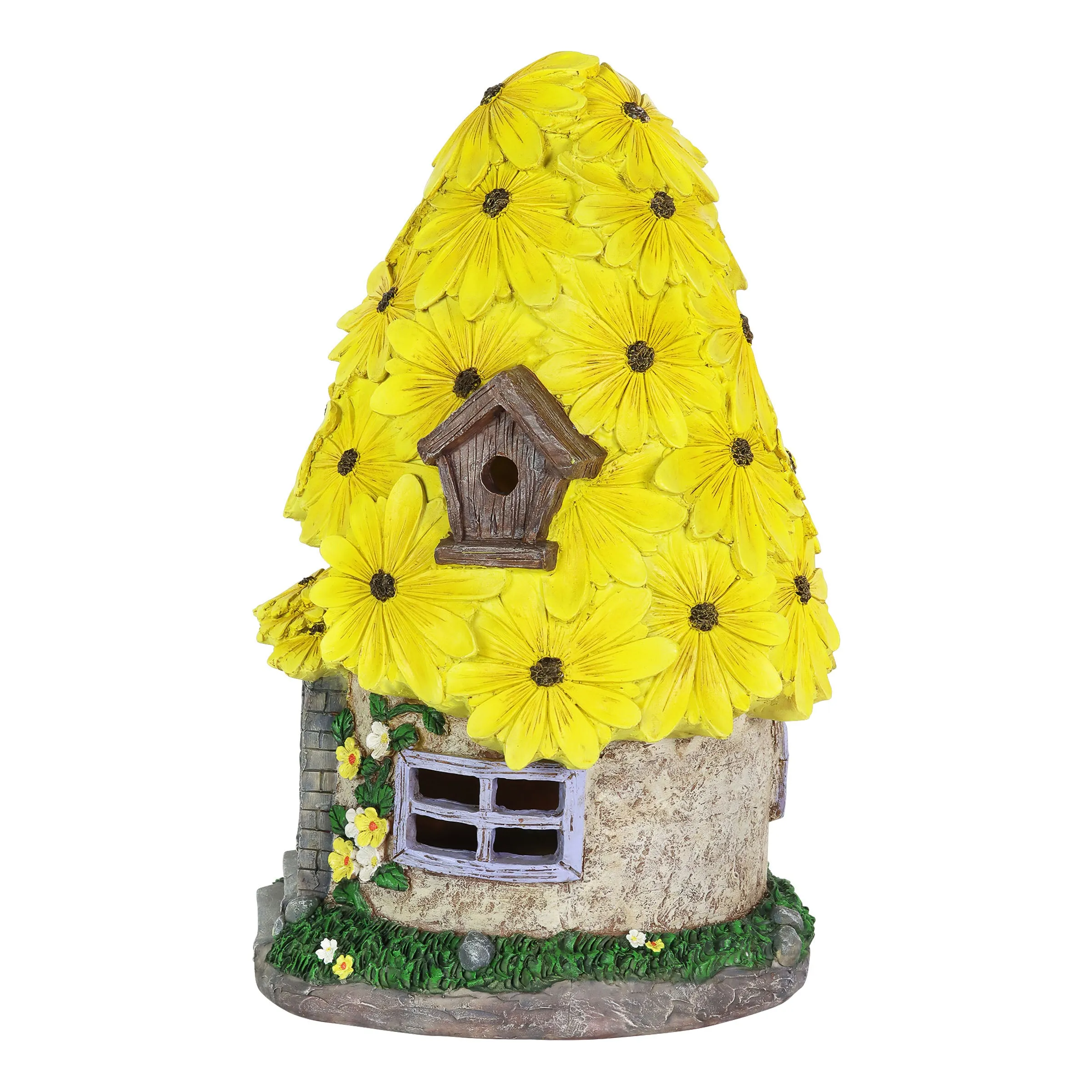 Solar Sunflower Roof Fairy Garden House, 9 by 15 Inches