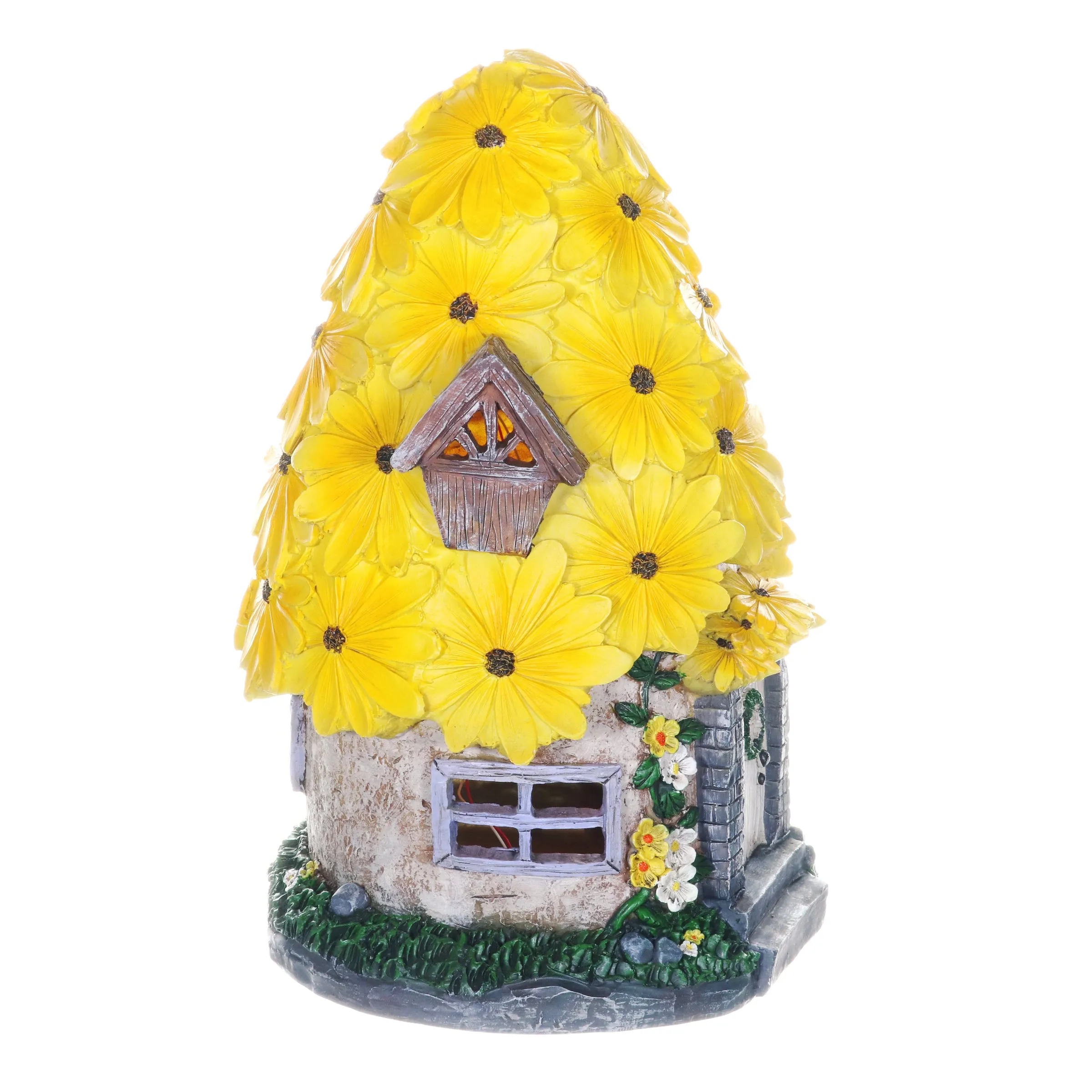 Solar Sunflower Roof Fairy Garden House, 9 by 15 Inches