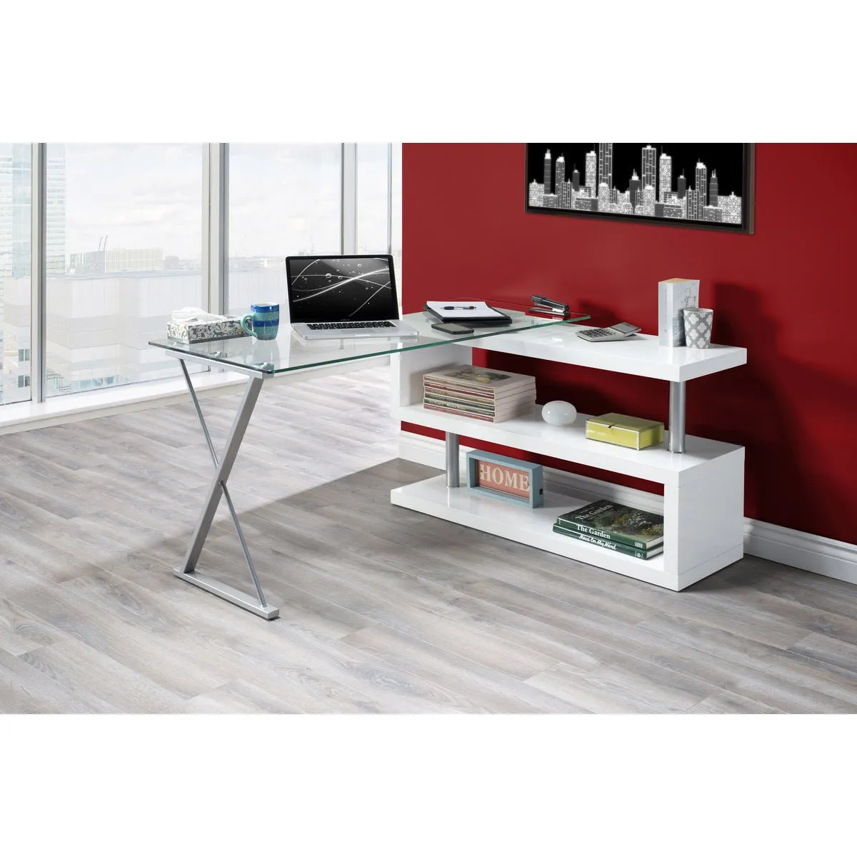 Torino Swivel Computer Desk in White Glossy Finish