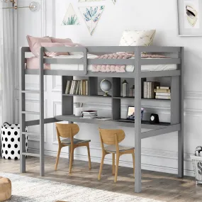 Twin Loft Bed with Desk and Shelves, Gray