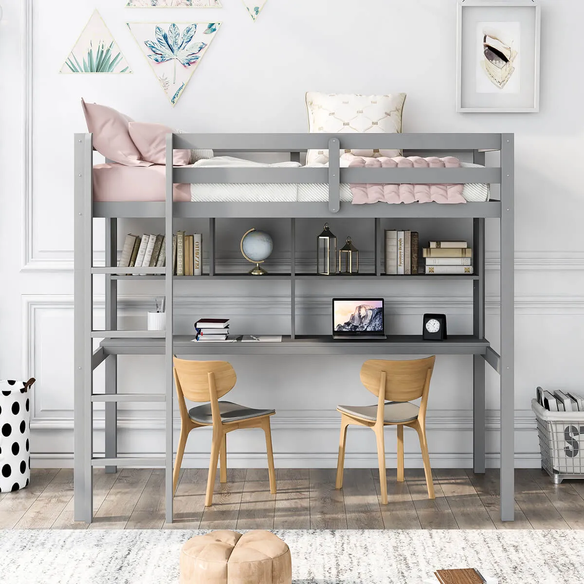 Twin Loft Bed with Desk and Shelves, Gray