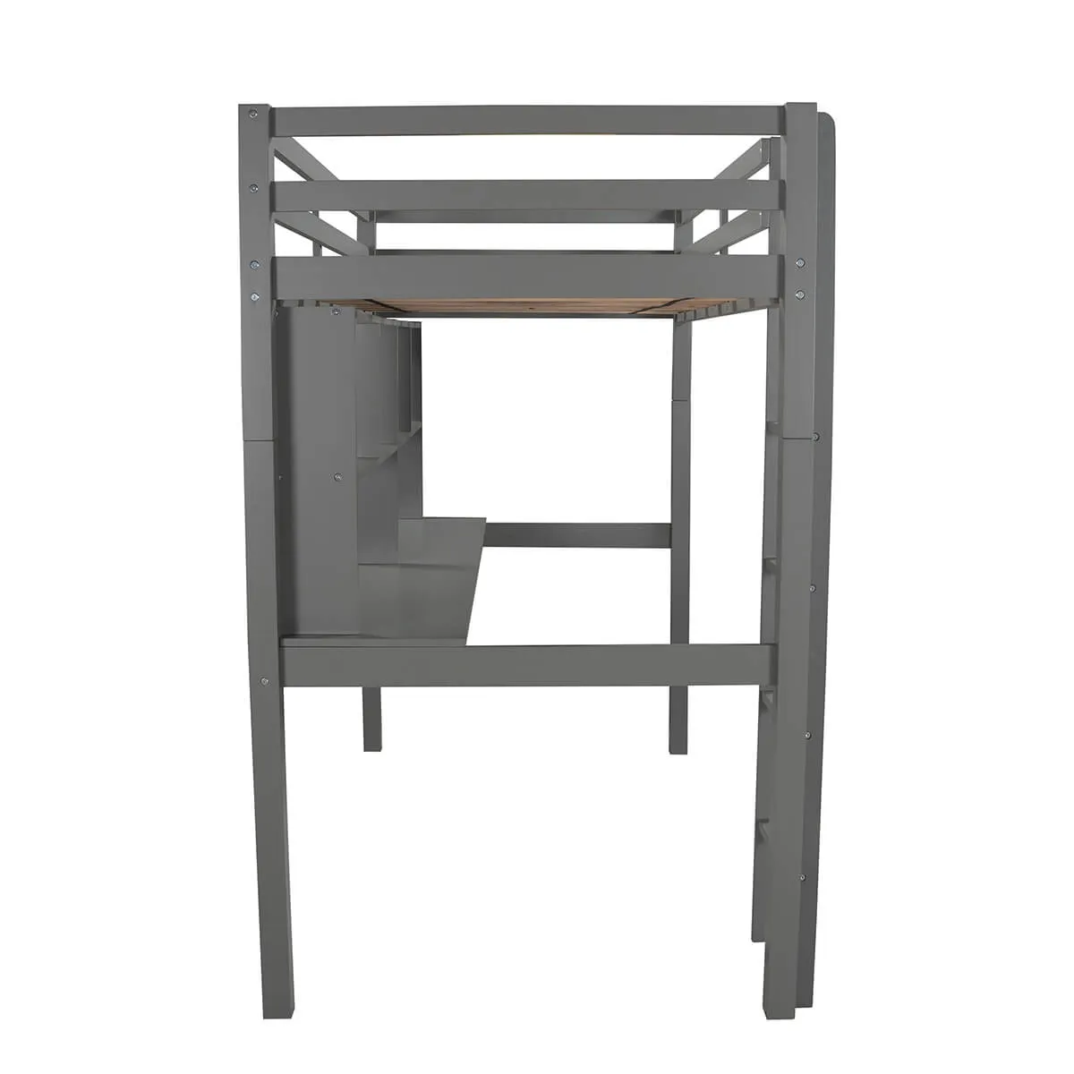 Twin Loft Bed with Desk and Shelves, Gray