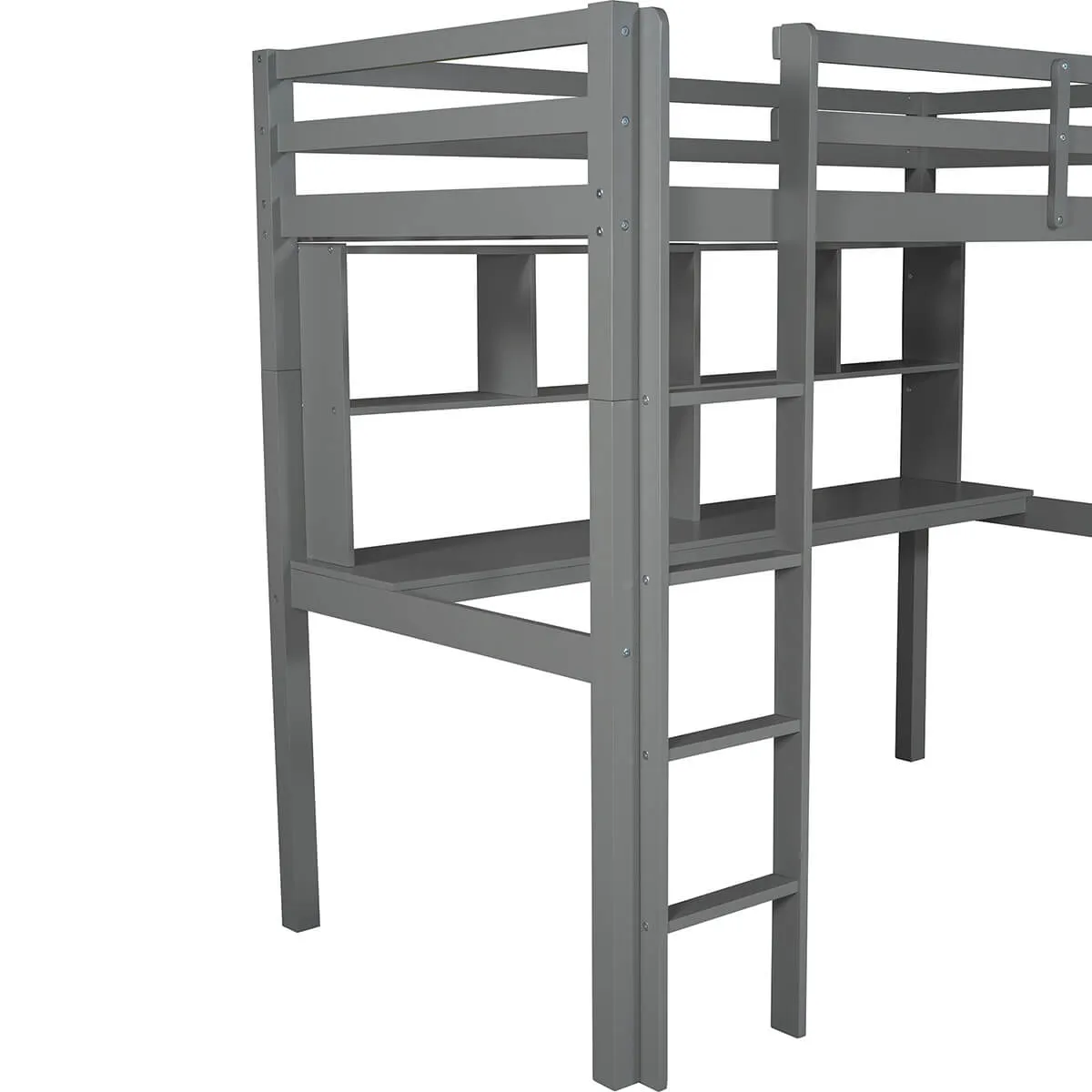 Twin Loft Bed with Desk and Shelves, Gray