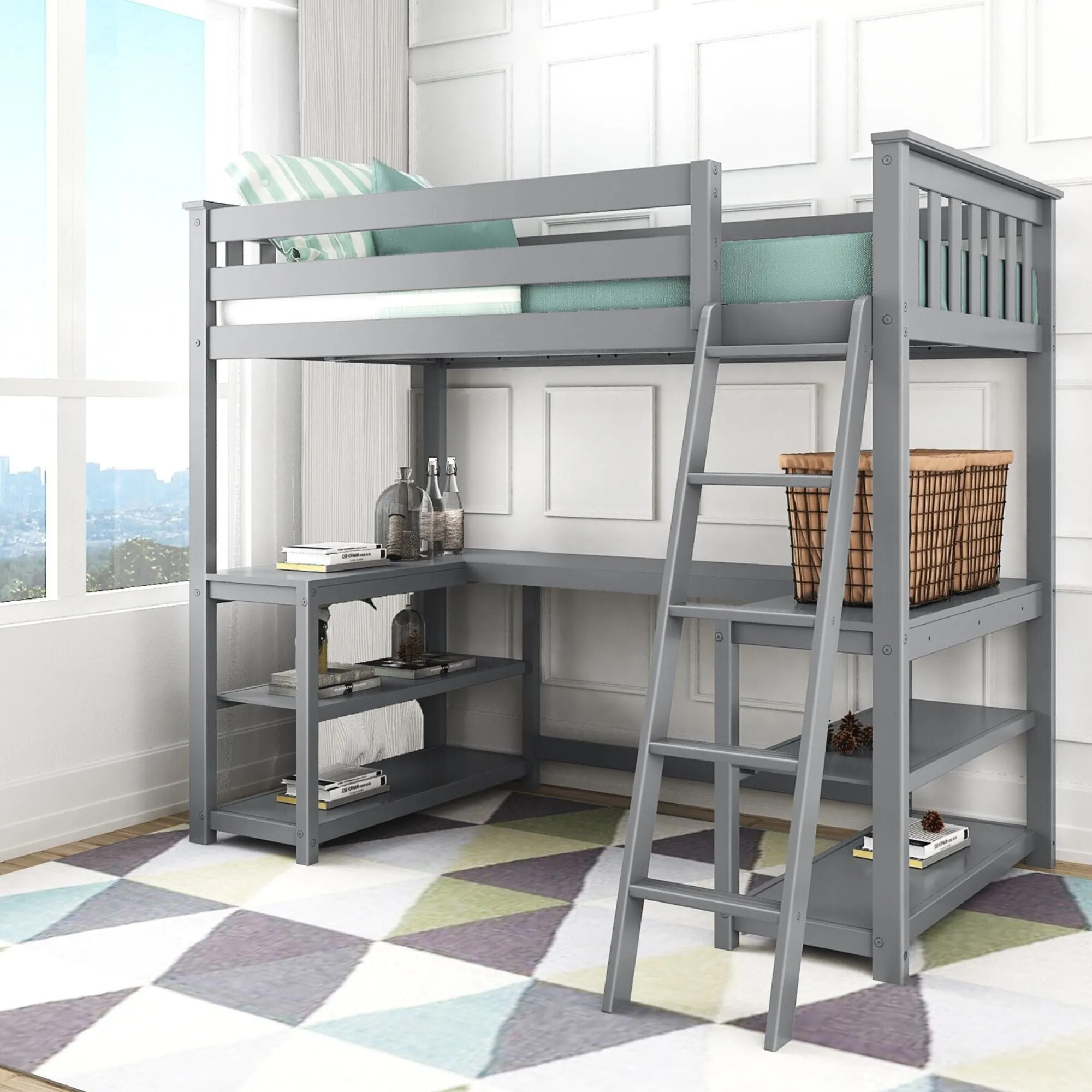 Twin Loft Bed With Wraparound Desk & Shelves