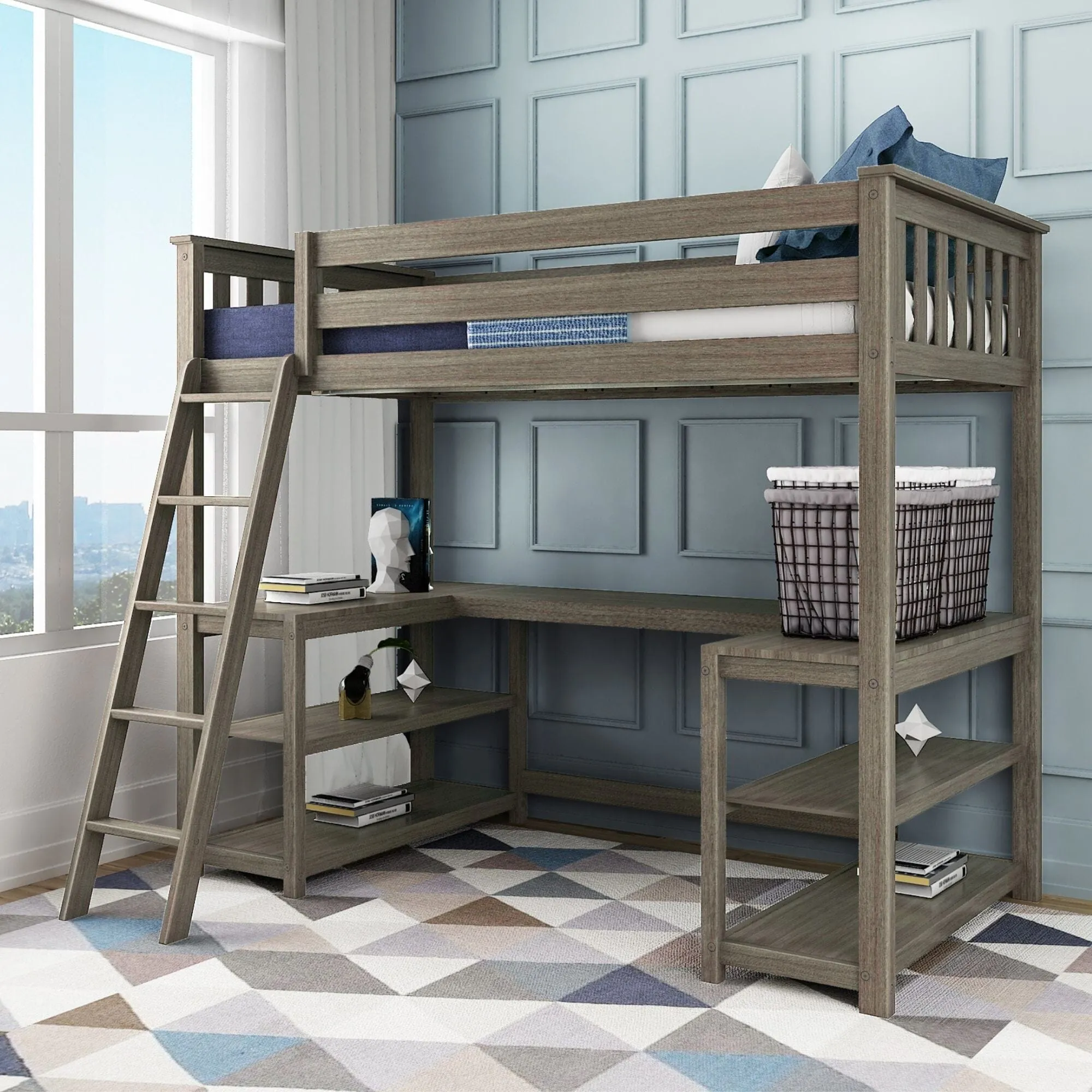 Twin Loft Bed With Wraparound Desk & Shelves