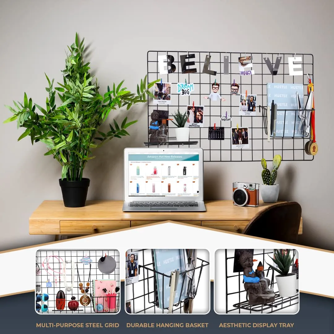 WALLZY Steel Photo Collage Grid DIY Mesh Frame, Storage Organiser Basket and Display Tray | Metal Hanging Aesthetic Moments Photo Wall Decor Art Kit (Grid Frame, Basket and Tray)