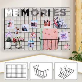 WALLZY Steel Photo Collage Grid DIY Mesh Frame, Storage Organiser Basket and Display Tray | Metal Hanging Aesthetic Moments Photo Wall Decor Art Kit (Grid Frame, Basket and Tray)