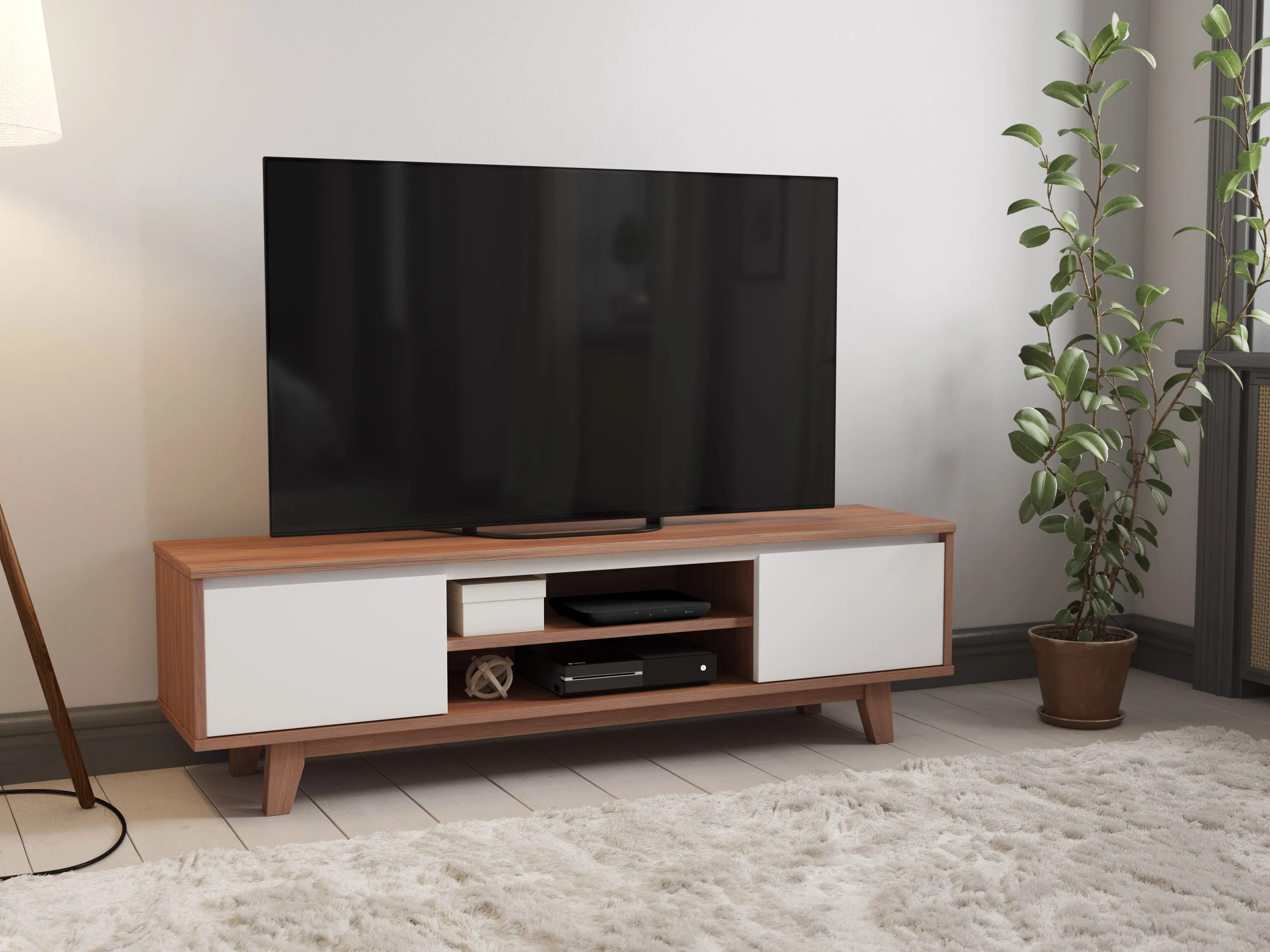 White and Dark Brown Wood TV Stand for TVs up to 68 Inches