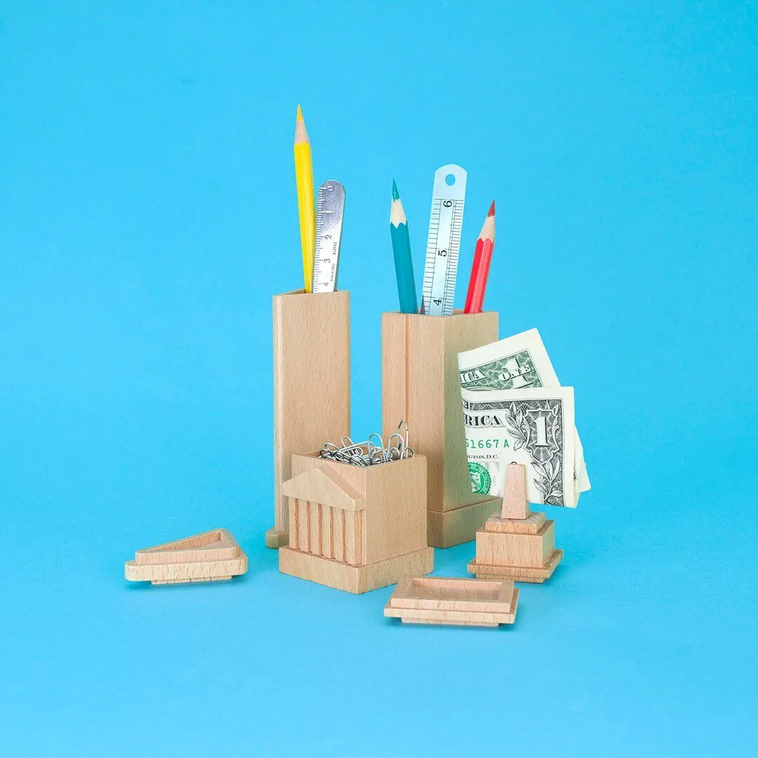 Wooden City Desk Tidy Stationery Holder